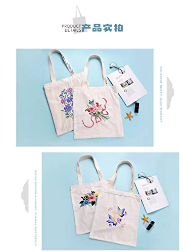 Dark Blue Canvas Cotton Tote Bag Embroidery Kit,Orchid Flowers Art Pattern,Cross Stitch Kits, Including Stamped Embroidery Bag with Hoops,Needle, Instruction Manual and Color Threads for Beginner