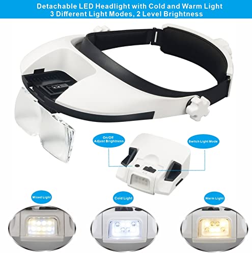 Large Lens Head Magnifier Headband Magnifying Glass with Light Hands free 8 LED Magnifier with White and Yellow Light for Close Work, Crafts, Hobby, Reading, Repairing, Sewing, Jewelry