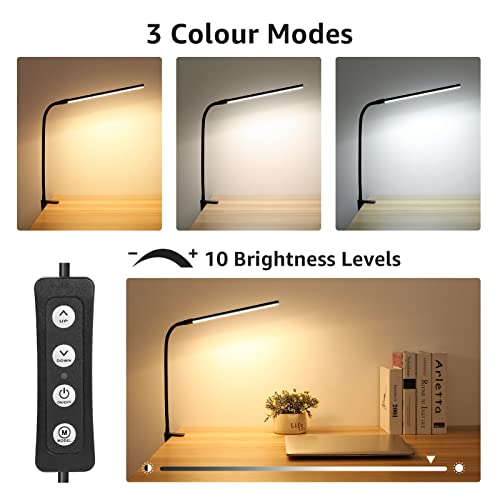 Lepro Clip on Desk Lamp, LED Reading Light with Clamp, 460LM 5W, Black - color: Black