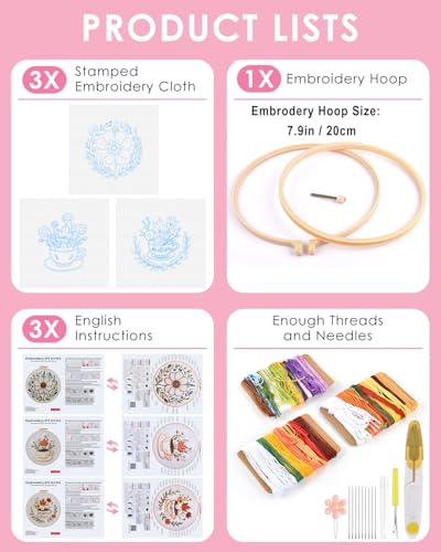 TINDTOP Embroidery Kit for Adult, 3 Pack Embroidery DIY Starter Kit, with Stamped Patterns, Hoop, Tools, Colorful Threads with Needles, Instructions (Flower Cup) - color: Flower Cup