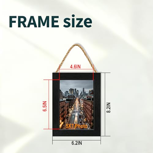 5x7 Hanging Collage Picture Frames Wall Decor,1-Opening 5x7 Rustic Wood Frame with Hemp Rope Rustic Black - color: Black, size: 5x7