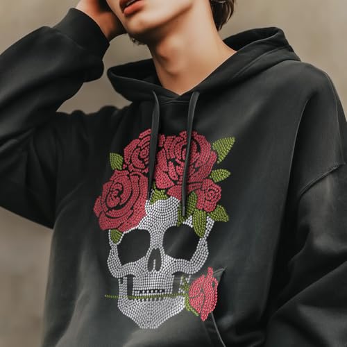 1 Pc Rose Skull Rhinestone Iron on Hotfix Transfer Decal, Bling DIY Patch Clothing Repair Applique T-Shirt Vest Shoes Hat Jacket Decor Clothing DIY Accessories - style: Rose Skull