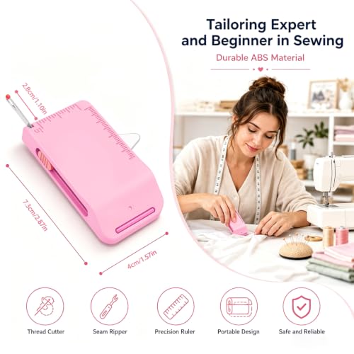 Magnetic Sewing Machine Sleeve Tool, 4-in-1 Edge Guide with Built-in Seam Ripper & Ruler Scale for Cuffs Plackets Topstitching, Multi-Functional Tool for Beginners (Blue+Pink)