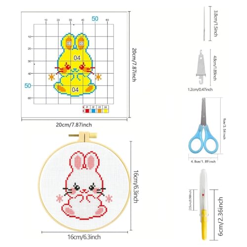 Zhenqing 4 Cute Animal Cross Stitch Kit for Beginners, 11CT Printed 24x24cm with Hoop, Dinosaur Cat Bunny Embroidery Set（68123）