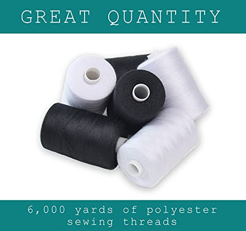 Black & White Sewing Thread - 6 Spools of Polyester Thread for Sewing Machine for Beginners, Hand Stitching & Quilting - 1000 Yards Per Spool - color: Black-White