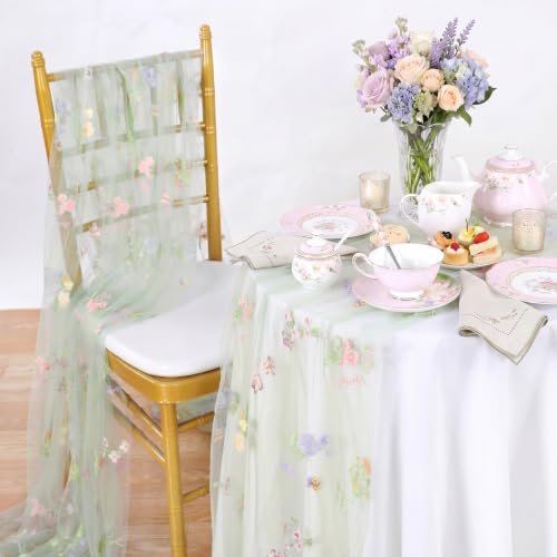 Floral Gauze Table Runner Green 10ft Embroidery Tulle Spring Wildflower - color: Green, size: 60"x120",1pc