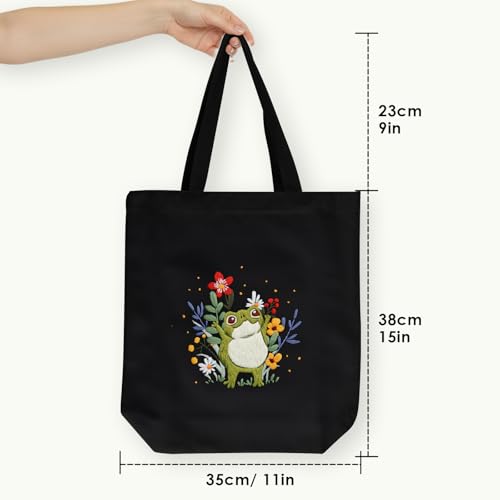 ERKOON Canvas Tote Bag Embroidery Kit for Beginners, Needlepoint Arts Crafts Cross Stitch Kits for Adults Including Stamped Embroidery Bag with Hoops, Needle, Instruction and Color Threads (Frog) - color: Frog