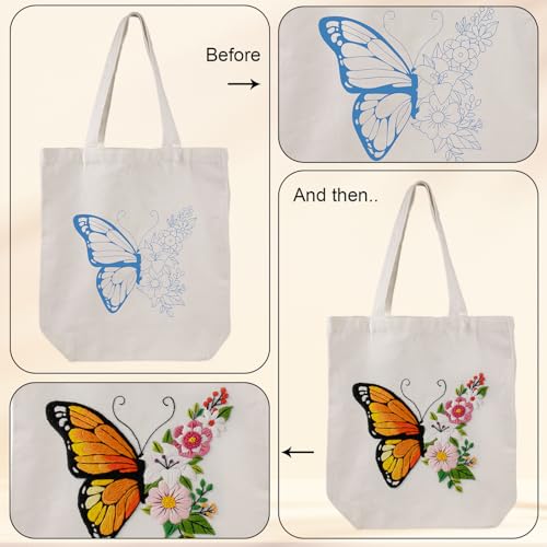 Louise Maelys Embroidery Kit Canvas Tote Bag for Beginners with Butterfly - color: butterfly flower