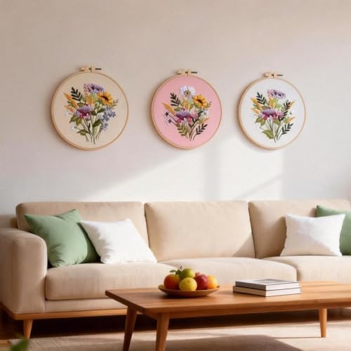 Herdiese Embroidery Kit for Beginners & Adults, 3PCS Floral Patterns. - color: Flower-A (3 Pack)