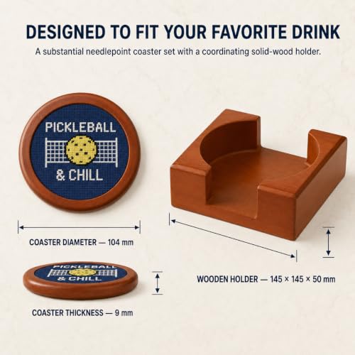 Khen Pickleball Hand-Stitched Needlepoint Coasters - Set of 4, Wooden Holder Solid Wood Needlepoint Inlay French Cotton Thread 4" Durable Decorative Gift, Drink Mats Unique Pickleballers Barware Gifts