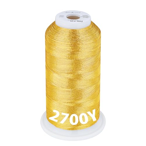 Simthread 2700 Yards Metallic Embroidery Machine Thread - Gold MS-002, 40wt High-Sheen King Spool, Smooth Running & Break Resistant for Commercial & Home Embroidery Machines - color: Gold MS-002