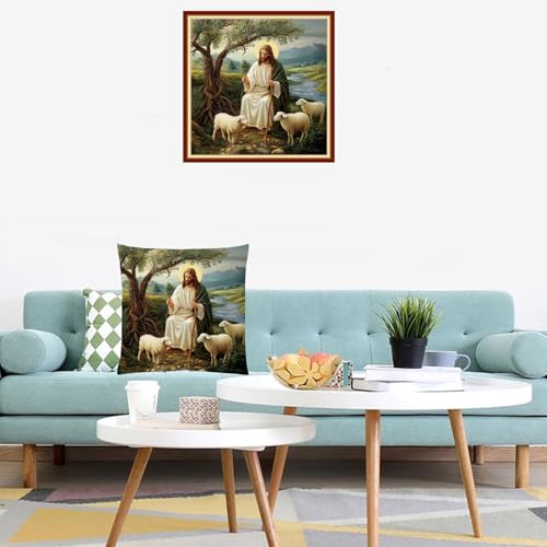 Lovxvouy Pillow Cross Stitch Kits for Adults Beginners-Preprinted Needlepoint Kit Stamped Crossstitching Kits 11CT Cross-Stitch Kit Stitches Kit Embroidery Kits-Jesus Shepherd 18x18 inchs - color: ColorCraft09