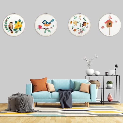 Bonroy 4 Sets Embroidery Set for Beginners, Art Craft, Easy Sewing, Includes Embroidery Clothing, Pattern, Embroidery Hoop, Instruction Manual, Colorful Thread Needles Set (6 Pieces) - color: Bird