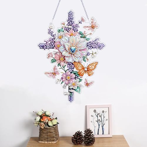 ZeeLionArt Hanging Diamond Art Kits for Adults,Flower Cross Pendant Diamonds Painting Art Kit,5.2x7.1inch Acrylic Diamonds Painting Board Kit Ornament, Special Crystal Diamond Hanging Ornament - color: DP03095
