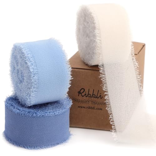 Ribbli Blue Ribbon 1 Inch x 3 Rolls Total 24 Yards Cream/Blue/Dusty Blue Handmade Fringe Chiffon Silk Ribbon for Wrapping Wedding Invitations Bridal Bouquets DIY Crafts Home Decor - color: Cream/Blue/Dusty Blue