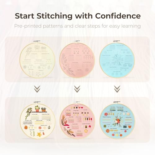 AmoraDec Embroidery Kit for Beginners Adults,Easy Stamped Cross Stitch Hand Embroidery Starter Kit with Video Tutorials,Floral Patterns Needle Point Kits,Fun DIY Craft Gift Set for Women's Hobbies