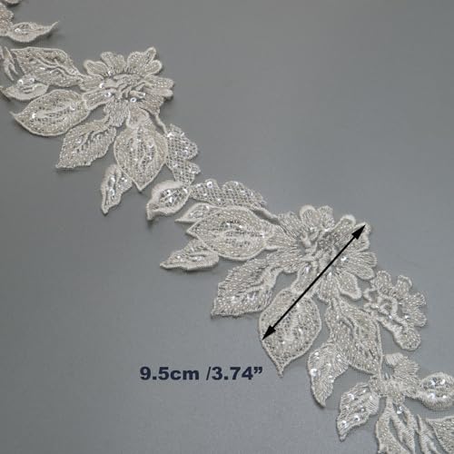 2yard Sequins Beaded Flower Embroidery lace Appliques for Wedding Dresses Rhinestone Applique Patches lace Trims parches ropa (Off White) (P3286A) - color: SPXB-P3286A-2yR22