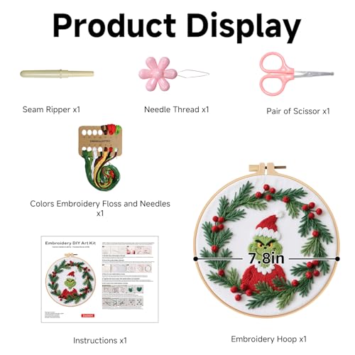 BBLYBD Christmas Embroidery Kit, 1 Set Cross Stitch Craft Kit for Beginners with Pre-Printed Embroidery Fabric, Hoop, Step-by-Step Instruction, Color Threads & Needles (Christmas-1 Set) - color: Christmas-1 Set