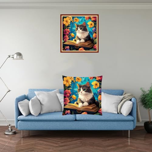 Fanxvivy Stamped Cross Stitch Kits for Adults Beginners Pillow Needlepoint Kit with Embroidery Pattern Needlework Kit Prestamped Stitches Kit 11CT Cross Stitching-Cat Flowers 18x18 inchs - color: Pre-pattern 43
