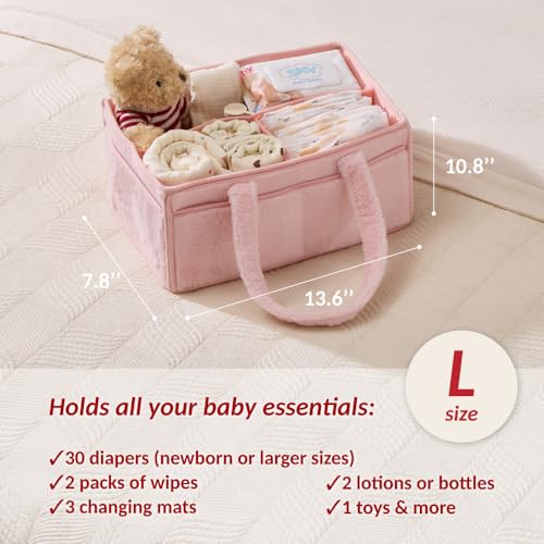 luxury little Soft Baby Diaper Caddy Organizer, Nursery Storage Basket with Removable Divider, Portable Baby Diapers Basket, Gifts for New Parent, Baby Shower (Light Pink) - color: Light Pink