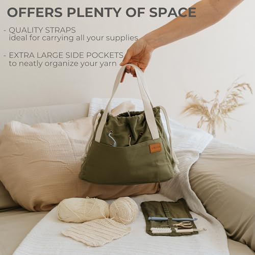 Stylish Crochet Bag Organizer for Yarn - Durable Canvas with 8 Pockets - color: Sage