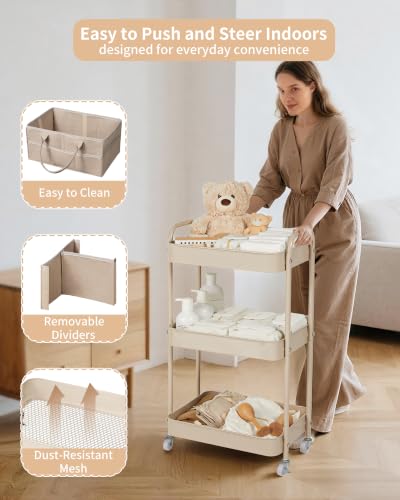 Fortella Baby Diaper Caddy, 3 Tier Rolling Cart for Baby Essentials, Taupe - color: Taupe