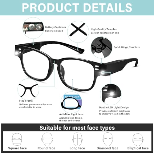 3Pack Reading Glasses with Light and Magnifier Bright Led Readers with Lights Blue Light Blocking Lighted Eye Glasses - color: Style 1