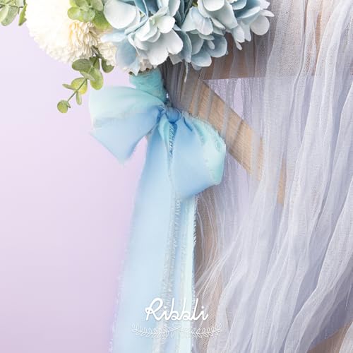 Ribbli Chiffon Ribbon 1.5 inch x 30 Yard Handmade Silk Ribbon,Light Blue/Baby Blue/Dusty Blue Fringe Chiffon Ribbon for Wedding Invitations, Bridal Bouquets Wrapping, Flower Arrangement Decoration - color: Lt.Blue/Baby Blue/Dusty Blue