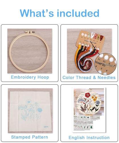 ELTONGUU 3 Sets Embroidery Kit for Beginners Adult Needlepoint Kits Tools - color: 3 Flowers