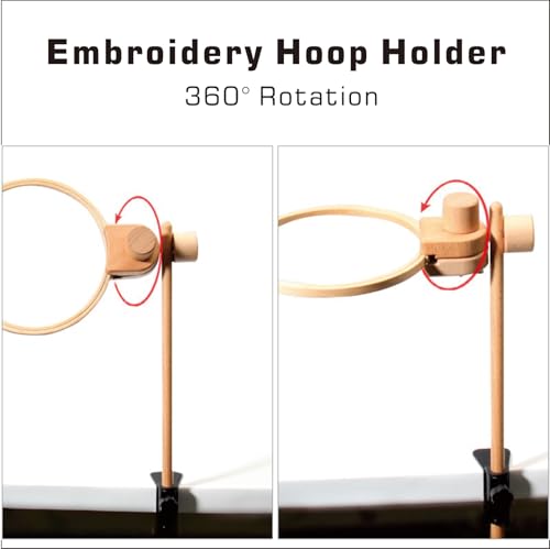 Wooden Adjustable Rotatable Embroidery Hoop Stand, No‑Assembly Holder with Inner Groove Anti‑Slip Design, Bonus Tools: Floral Patterns, Hoops, Scissors, Threader & Floss