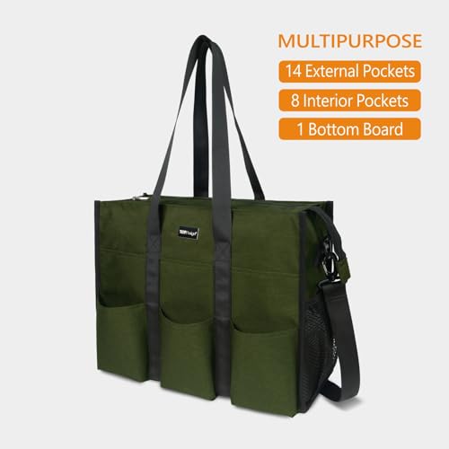 TOPDesign Utility Water Resistant Tote Bag with 22 Pockets, Zipper Closure - color: Green, size: Medium
