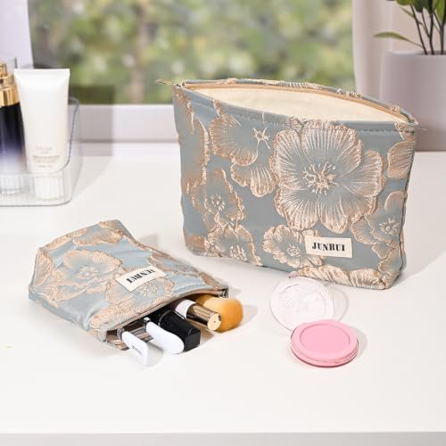 Elegant Golden Floral Embossed Makeup Bag Cosmetic Pouch Embroidery Craft - color: Gold Flower
