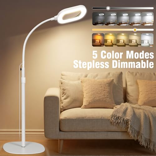 Large Magnifying Glass with Light and Stand, 15X Rectangle Optical Real Glass Lens, Height Adjustable Gooseneck Magnifier Floor Lamp, 5 Color Modes LED Dimmable Lighted Hands Free for Crafts - White - color: White