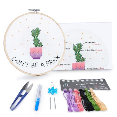 BERYA Cactus Embroidery Kit Including Video Step by Step Instructions Embroidery Hoop,Color Threads and Embroidery Scissors for Beginners-Handmade Needlepoint Kits for Adults - color: potted plants white