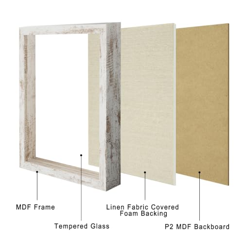 8x10 Shadow Box Picture Frame Display Case with Soft Linen Back, Distressed White Wooden Memory Shadow Box Frame with Tempered Glass Cover for Wall or Tabletop Display - color: Distressed White, size: 8x10