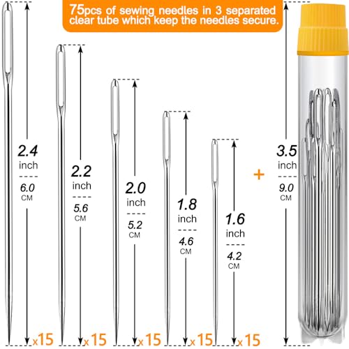 75 Pack Premium Large Eye Needles for Hand Sewing with 4 Needle Threaders, Assorted Sizes, Embroidery Needles for Hand Sewing, Sewing Needles Large Eye, Big Eye Needle - color: 75 pack
