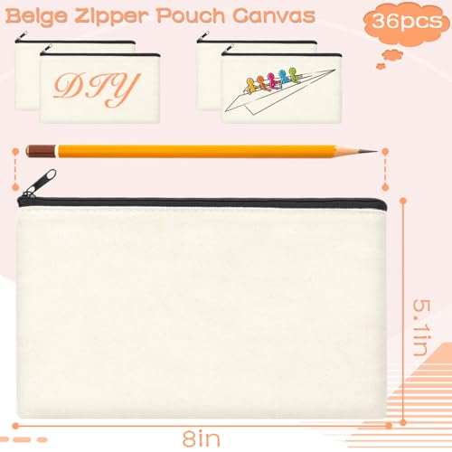 ZeeDix Small Canvas Zipper Pouch for Makeup Pencil Travel Storage 8.3x5 In - color: Beige, style: 36 Pcs