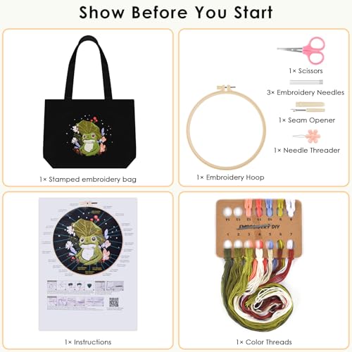 ERKOON Embroidery Canvas Tote Bag for Beginners, Floral Arts Crafts Cross Stitch Kits for Adults Including Stamped Embroidery Bag with Hoops, Needle, Instruction and Color Threads (Frog) - color: Frog
