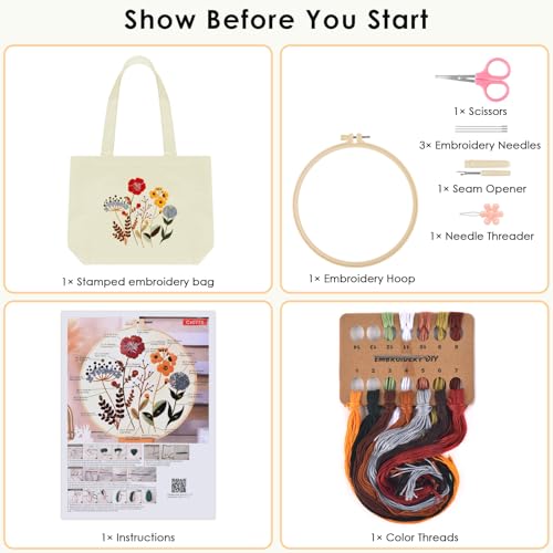 ERKOON Canvas Tote Bag Embroidery Kit for Beginners, Floral Arts Crafts Cross Stitch Kits for Adults Including Stamped Embroidery Bag with Hoops, Needle, Instruction and Color Threads (Flower) - color: Flower-White2