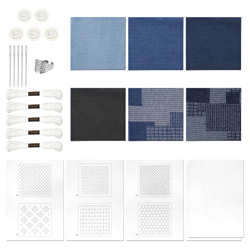 Sashiko Kit, Soluble Sashiko Stencil Sashiko Thread and Needles Embroidery Sashiko Patterns Sashiko Mending Washable Stencil for Beginners Sewing Craft