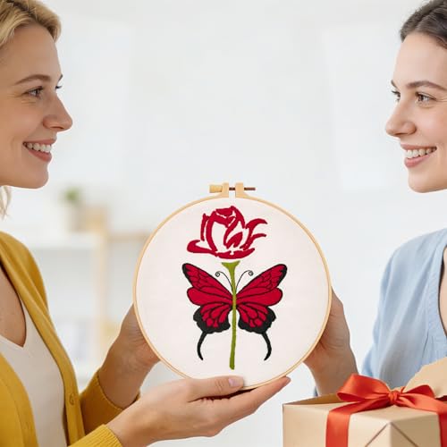 Butterfly Rose Embroidery Kits for Beginners Adults, Valentine's Day Hand Embroidery Kits, Cross Stitch Kits for Adult Anniversary Valentine's Gifts, Entire Set of Embroidery Supplies & Video Tutorial - color: H2068