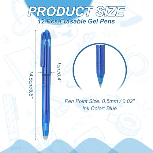 PATIKIL 12Pcs Erasable Gel Pens, 0.5mm Fine Point Heat Erasable Marking Pen with Cap Smooth Writing Fabric Markers for Sewing Drawing Writing Planner, Blue Ink - color: Blue