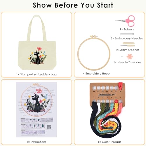 ERKOON Canvas Tote Bag Embroidery Kit for Beginners, Floral Arts Crafts Cross Stitch Kits for Adults Including Stamped Embroidery Bag with Hoops, Needle, Instruction and Color Threads (Cat) - color: Cat