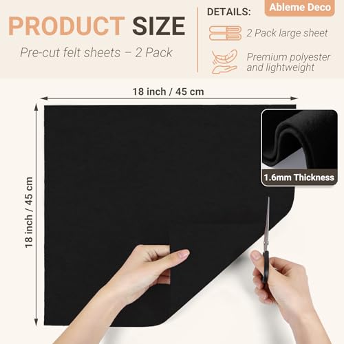 Black Felt Fabric Sheets 18" x 18" (2 Pack) 1.6mm Soft Craft Felt Squares - color: Black