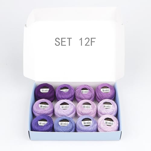 Size 8 Double Mercerized Egyptian Long Staple Cotton Pearl Thread 12 Gradient Colors per Box 5 Grams Ball Rainbow Color Embroidery Thread for Crochet Cross Stitch Hand Embroidery (12F) - color: 12F