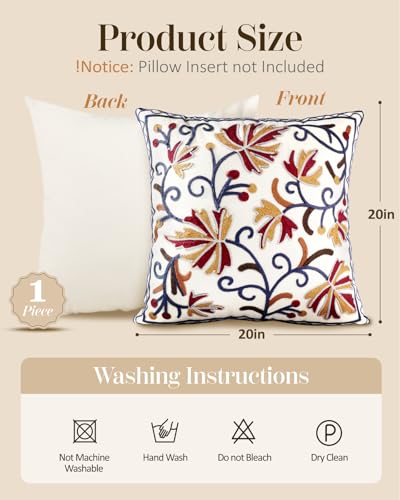 Embroidered Throw Pillow Cover, 20x20 Inch, Fall Floral - color: Fall Flower, size: 20" x 20" (Pack of 1)