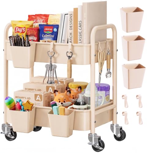 2 Tier Small Rolling Cart Metal with Wheels, 22 Inch Beige Under Desk Carts - color: Gentle‌ Beige, size: 2 Tier + Cups + Hooks