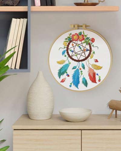 ERKOON Embroidery Kit for Beginners, Flower Cross Stitch Set for Include Embroidery Cloth Hoops Threads for Craft Lover Hand Stitch with Embroidery Skill Techniques (Dreamcatcher) - color: Dreamcatcher