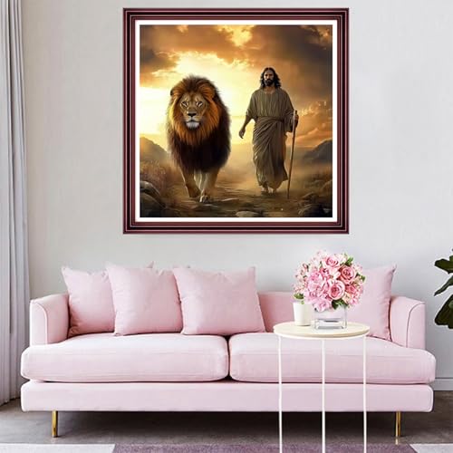 Funchey Counted Cross Stitch Kits for Adults Needlepoint Kits Unprinted Cross Stitching Embroidery Kit 11CT Cross Stitch Supplies-Jesus and the Lion Sunrise 18x18 inch - color: ArtsKit01