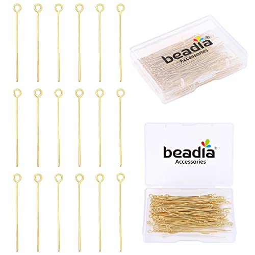 BEADIA 14K Gold Plated Open Eye Pins Non Tarnish 50mm 100pcs for Jewelry Making Findings - color: Open Eye Pins 14k Gold, size: 50x0.7mm